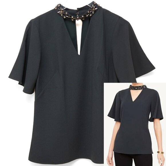 Ann Taylor Tops - Ann Taylor Beaded Choker Neck Flutter Sleeve Blouse Cutout Green Grey Size 2 New
